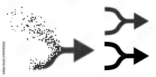 Shredded pixelated combine arrow right glyph with destruction effect, and halftone vector image.