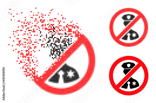 Moving dot no police officer icon with destruction effect, and halftone vector icon. Pixel destruction effect for no police officer gives speed and movement of cyberspace abstractions.