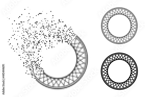 Burst pixelated guilloche donut pattern icon with destruction effect, and halftone vector composition.
