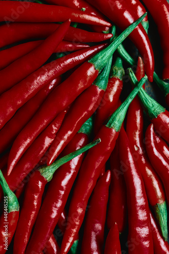 Stylized background of fresh red chili peppers, macro shot, shallow depth of field