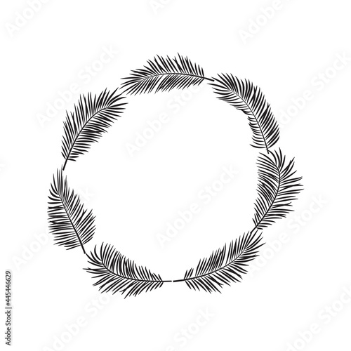 Palm leaves vector border, wreath exotic branch plant round frame isolated on white background, black silhouettes coconut and banana jungle. Tropical hand drawn illustration