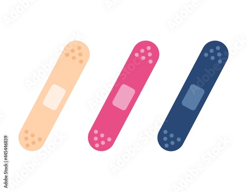 Medical patches set isolated on white background. Nude beige, blue and pink Medical adhesive tape plasters for Vaccination campaign, poster, label. badge or sticker. Flat style vector illustration