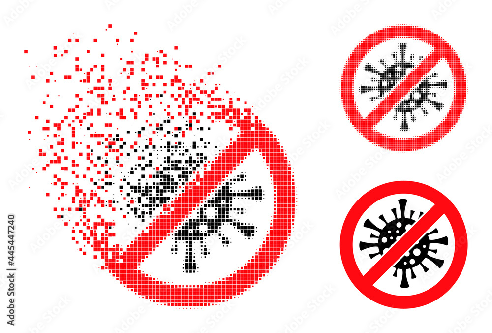 Disintegrating pixelated stop coronavirus icon with destruction effect, and halftone vector symbol. Pixelated destruction effect for stop coronavirus demonstrates speed and motion of cyberspace items. Disintegrating pixelated stop coronavirus icon with destruction effect, and halftone vector symbol. Pixelated destruction effect for stop coronavirus demonstrates speed and motion of cyberspace items.