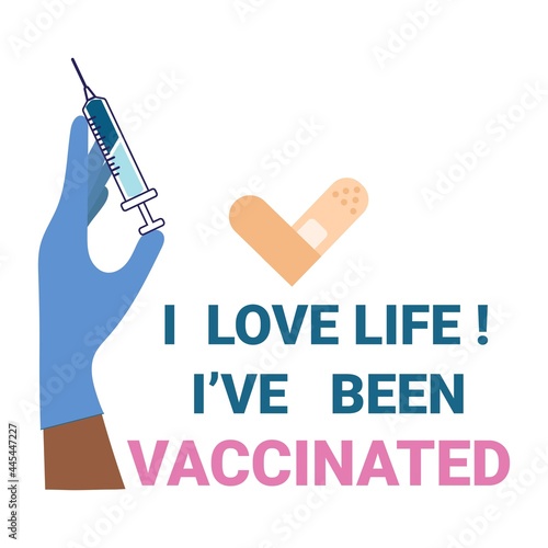I got my covid-19 vaccine design concept with black hand holding a syringe with vaccine. Flat style vector illustration for vaccination campaign. Vaccinated sticker, button or sign design.