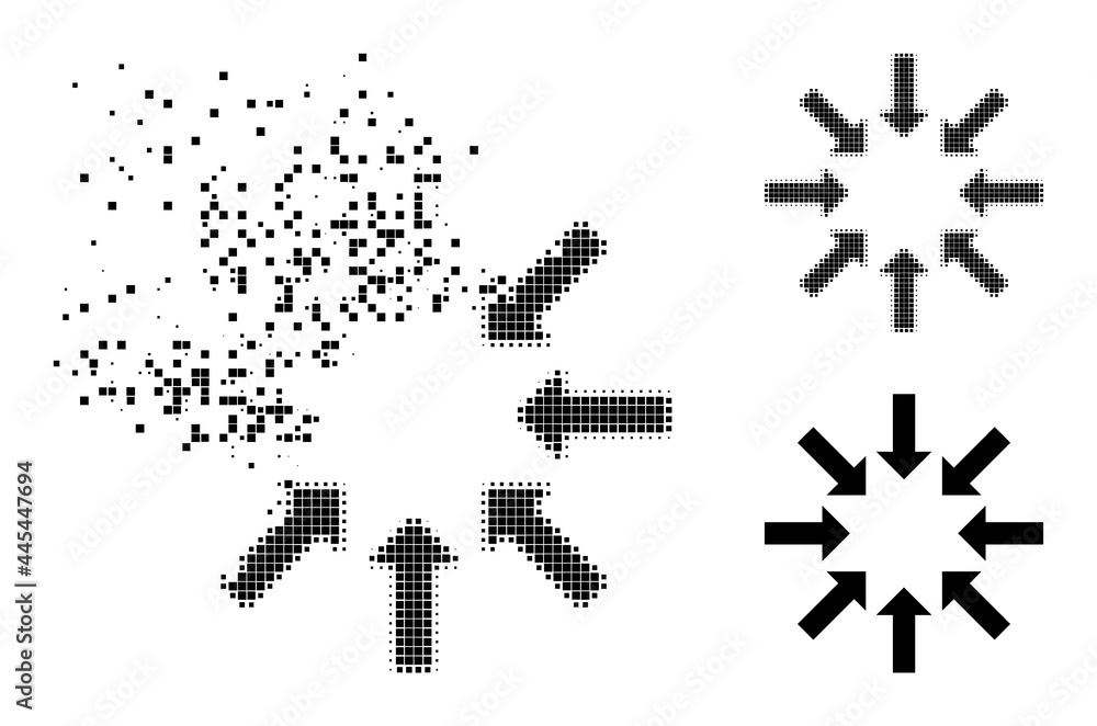Moving dot collapse arrows icon with destruction effect, and halftone vector pictogram. Pixelated disappearing effect for collapse arrows shows speed and movement of cyberspace abstractions. Moving dot collapse arrows icon with destruction effect, and halftone vector pictogram. Pixelated disappearing effect for collapse arrows shows speed and movement of cyberspace abstractions.