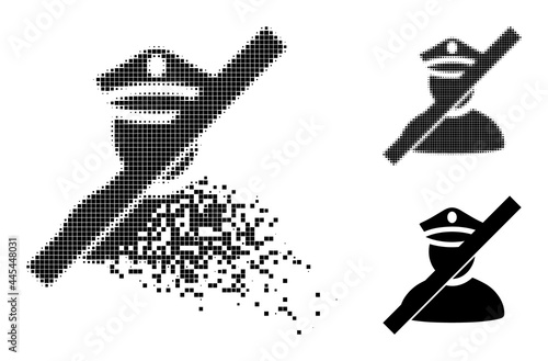 Broken pixelated not allowed police pictogram with wind effect, and halftone vector pictogram. Pixelated dissolving effect for not allowed police reproduces speed and motion of cyberspace objects.