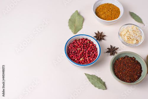 Colourful set different spices for meat, vegetarian dishes in bowls on light background. Seasoning pink peppercorns, dried onions, sun dried tomatoes, curry. Hot spicy for cooking, copy space