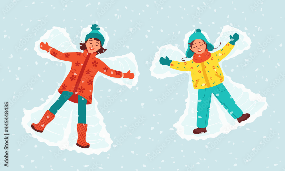 Top view on laughing children go lying on snow and making a snow angel. Concept of winter outdoor activities, fun, christmas holidays. Template for card, invitation. Vector illustration in flat lay Top view on laughing children go lying on snow and making a snow angel. Concept of winter outdoor activities, fun, christmas holidays. Template for card, invitation. Vector illustration in flat lay