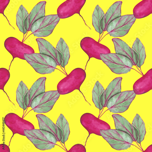 Watercolor beet seamless pattern on a yellow background. Hand-drawn vegetable endless print. Beetroot illustration. Fresh harvest backdrop. Radish wallpaper.