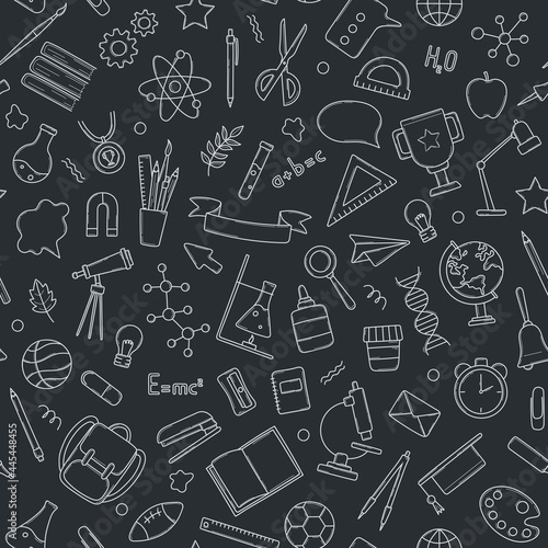 Seamless pattern of school icons,  in doodle style on chalkboard. Stationery items in a hand drawn sketch. Vector line illustration for wrapping paper, wallpaper, cover, decorative print.