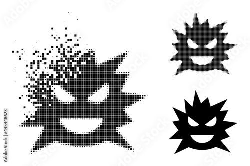 Dissipated pixelated virus cell icon with wind effect, and halftone vector icon. Pixelated dissipating effect for virus cell gives speed and motion of cyberspace concepts.