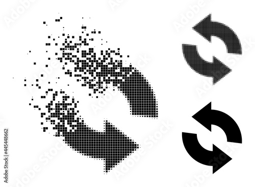 Dust pixelated refresh pictogram with destruction effect, and halftone vector pictogram. Pixelated creation effect for refresh demonstrates speed and motion of cyberspace things.