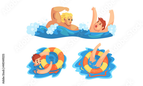 Lifeguard Saving Man, Man Drowning and Raising his Hand for Help out of Water, Emergency, Rescue, Help Cartoon Vector Illustration