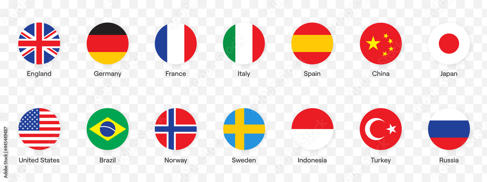 National flags icons vector,  main flag languages set. UK, Germany, USA, Russia, China,France… Isolated circle buttons on white background.  Website language choice symbols.  Vector UI flag design. - obrazy, fototapety, plakaty 