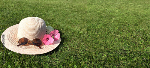 A straw women's hat decorated with live pink flowers and sunglasses are located on the green grass. There is a lot of space for the text.