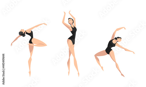 Beautiful Girl Dancing Set, Young Woman Ballet Dancer or Gymnast Character Performing in Black Leotard Cartoon Vector Illustration