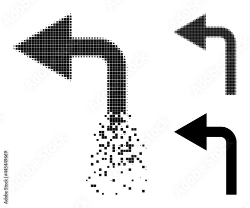 Dissolved dotted turn left pictogram with destruction effect, and halftone vector pictogram. Pixel abrasion effect for turn left reproduces speed and motion of cyberspace things.