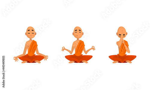 Buddhist Monks in Orange Robes Set, Thai Monks Meditating Cartoon Vector Illustration