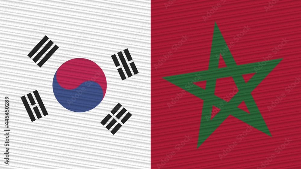 Morocco and South Korea Two Half Flags Together Fabric Texture Illustration Morocco and South Korea Two Half Flags Together Fabric Texture Illustration
