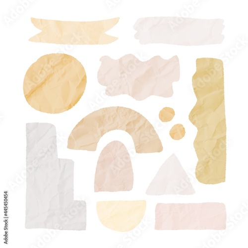 Torn paper shapes with crumpled texture in classic yellow, brown, beige and grey colors . Design elements, banners, backdrops with empty space for text isolated on white background.