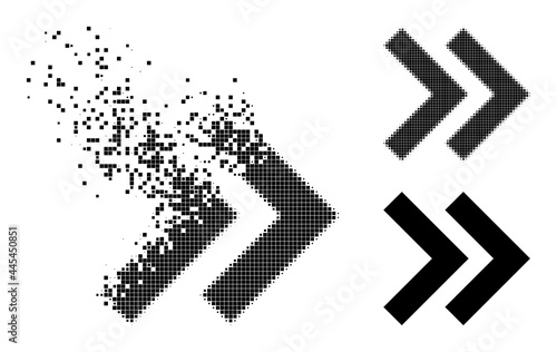 Dissolving pixelated shift right icon with destruction effect, and halftone vector symbol. Pixelated destruction effect for shift right gives speed and motion of cyberspace concepts.