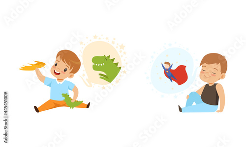 Kids Imagination and Fantasy Concept, Cute Little Boy Playing with Toy Dinosaurs, Boy Dreaming of Being Superhero Cartoon Style Vector Illustration