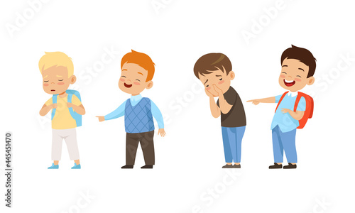 Aggressive Boys Mocking and Pointing at Classmates, Mockery and Bullying at School Cartoon Vector Illustration