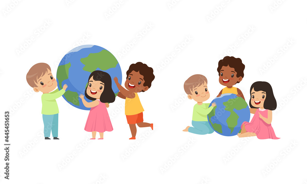 Little Kids Holding Earth Globe, Friendship, Unity, Earth Planet Protection Cartoon Vector Illustration