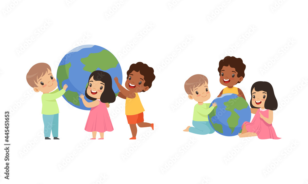 Little Kids Holding Earth Globe, Friendship, Unity, Earth Planet Protection Cartoon Vector Illustration Little Kids Holding Earth Globe, Friendship, Unity, Earth Planet Protection Cartoon Vector Illustration