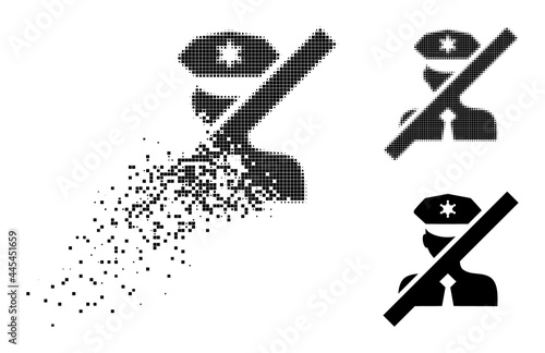 Shredded pixelated frorbidden police officer icon with destruction effect, and halftone vector icon.