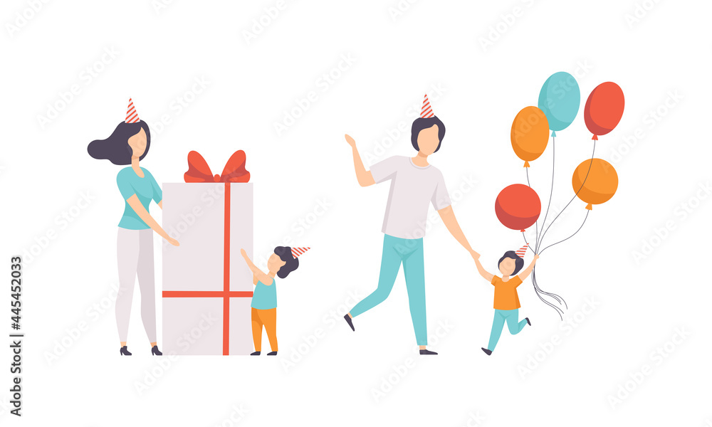 Fototapeta premium Kids Celebrating Birthday Set, Parents Giving Gifts to their Children Cartoon Vector Illustration