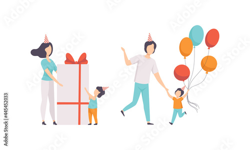 Kids Celebrating Birthday Set, Parents Giving Gifts to their Children Cartoon Vector Illustration