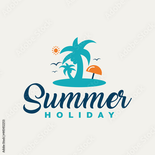 Summer holiday card with creative logo design with tropical beach.