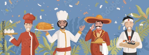 Chefs in national clothes vector flat illustration. Chinese, Indian, Mexican, and Japanese cuisines. Men holding plates with traditional food, dumplings, stuffed chicken, tacos, sushi, and rolls.