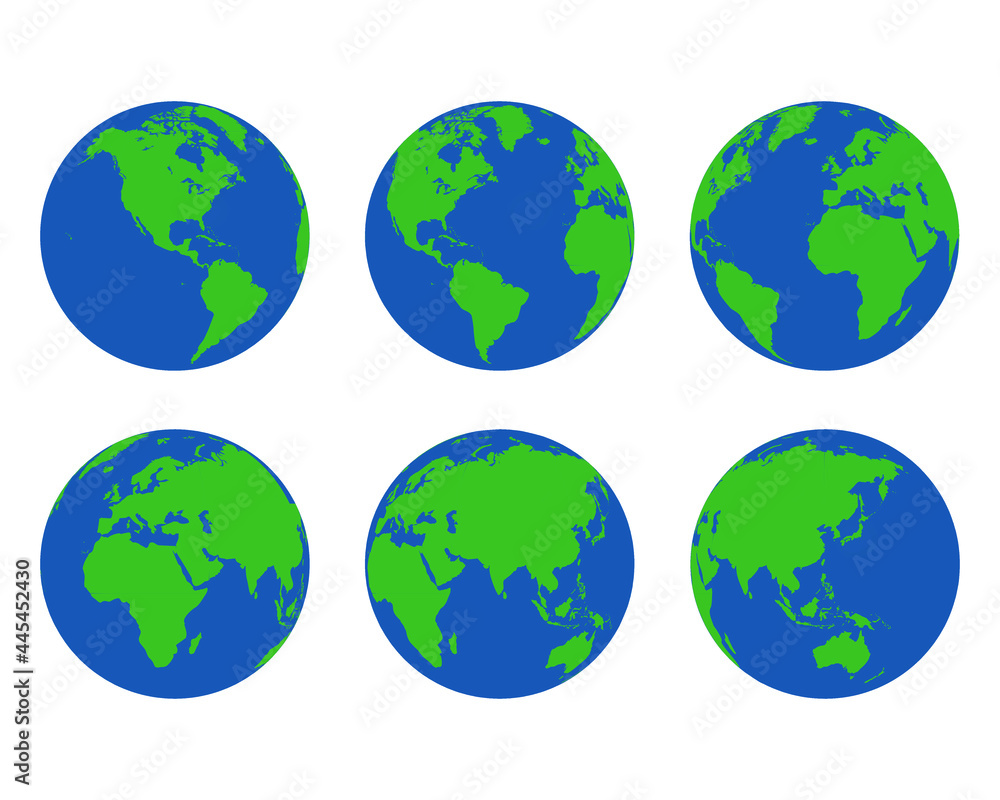 Flat Earth Globe Icons. terrestrial hemispheres with continents of America, Europe, Asia, Africa, Oceania and Antarctica. vector world map set.