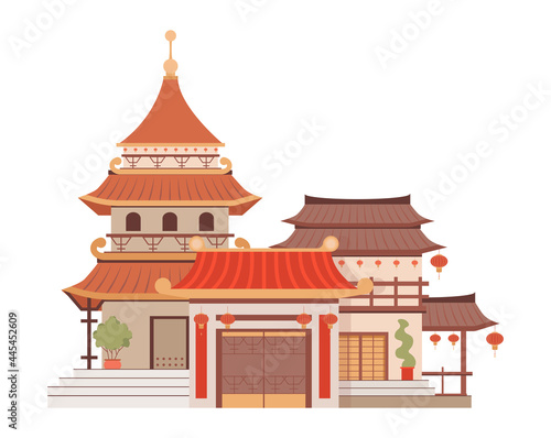 Traditional Chinese architecture vector flat illustration isolated on white. Beautiful and colorful Asian building. China house, east architectural object. Pagoda or Asian temple in oriental style.