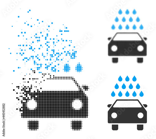 Moving pixelated car wash pictogram with destruction effect, and halftone vector symbol. Pixelated explosion effect for car wash shows speed and motion of cyberspace abstractions.