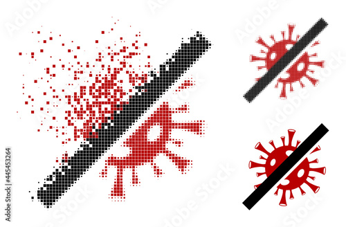 Destructed pixelated no coronavirus icon with wind effect, and halftone vector icon. Pixelated degradation effect for no coronavirus shows speed and movement of cyberspace concepts.