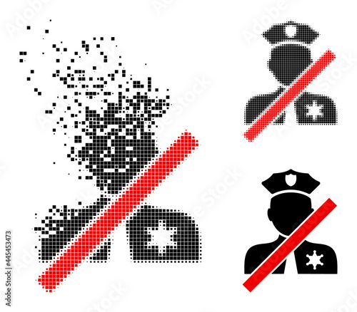 Dissolved pixelated closed police officer pictogram with destruction effect, and halftone vector image.