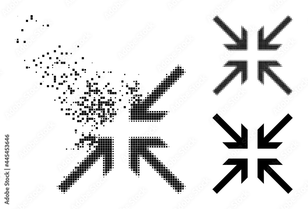 Dissipated pixelated collide arrows icon with destruction effect, and halftone vector image. Pixelated abrasion effect for collide arrows demonstrates speed and movement of cyberspace items. Dissipated pixelated collide arrows icon with destruction effect, and halftone vector image. Pixelated abrasion effect for collide arrows demonstrates speed and movement of cyberspace items.