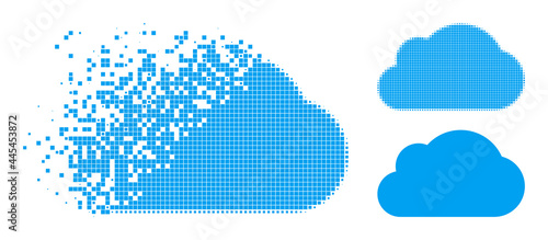 Disappearing pixelated cloud pictogram with wind effect, and halftone vector pictogram. Pixelated dissolving effect for cloud demonstrates speed and motion of cyberspace concepts.