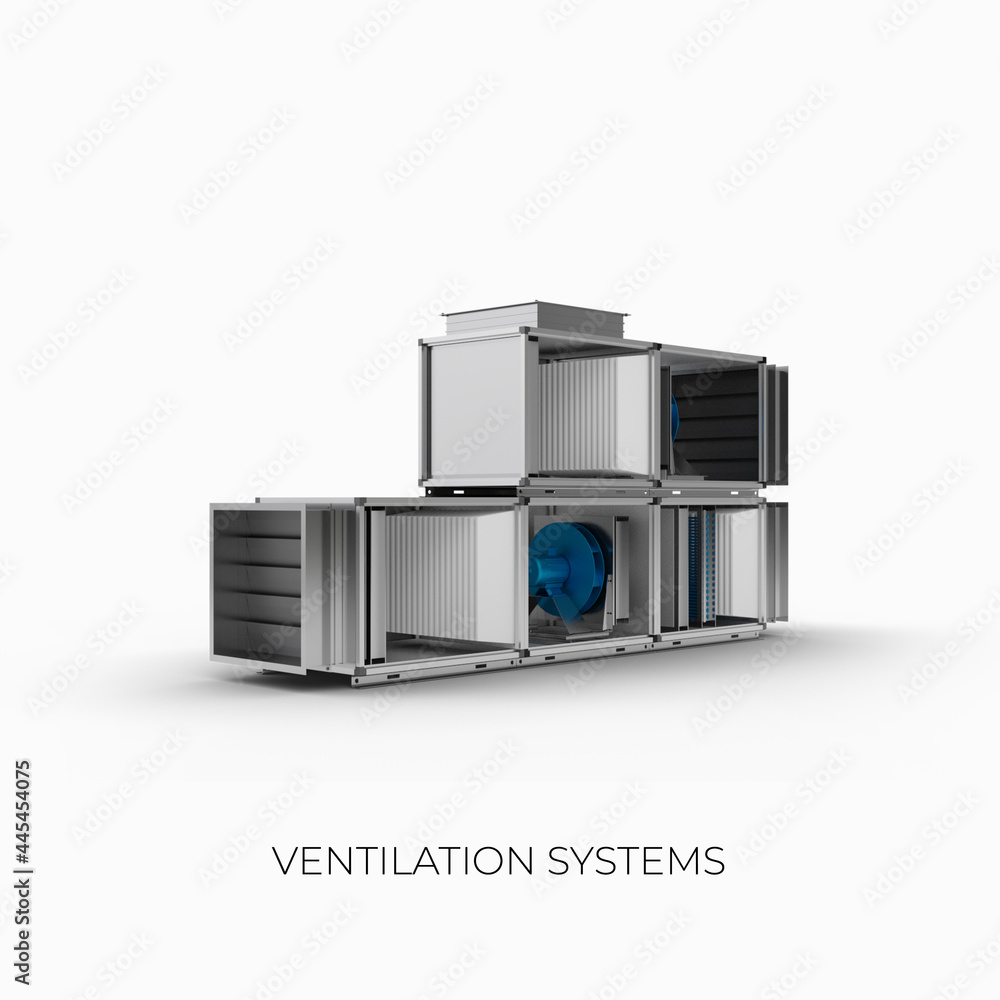 3D visualization of ventilation systems, air ducts and blocks with equipment for cooling and air purification. 3D visualization of ventilation systems, air ducts and blocks with equipment for cooling and air purification.