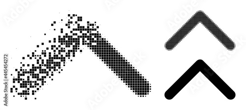 Damaged dotted direction up pictogram with destruction effect, and halftone vector composition. Pixelated destruction effect for direction up shows speed and movement of cyberspace items.