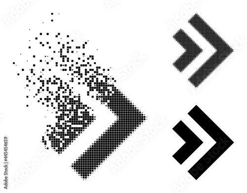 Moving dotted shift right icon with destruction effect, and halftone vector icon. Pixelated creation effect for shift right shows speed and movement of cyberspace items.