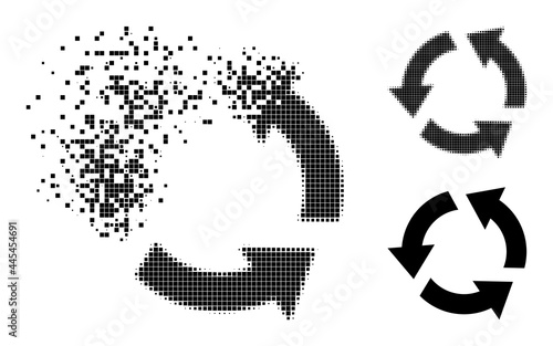 Destructed pixelated recycle glyph with destruction effect, and halftone vector image. Pixelated dust effect for recycle demonstrates speed and motion of cyberspace things.