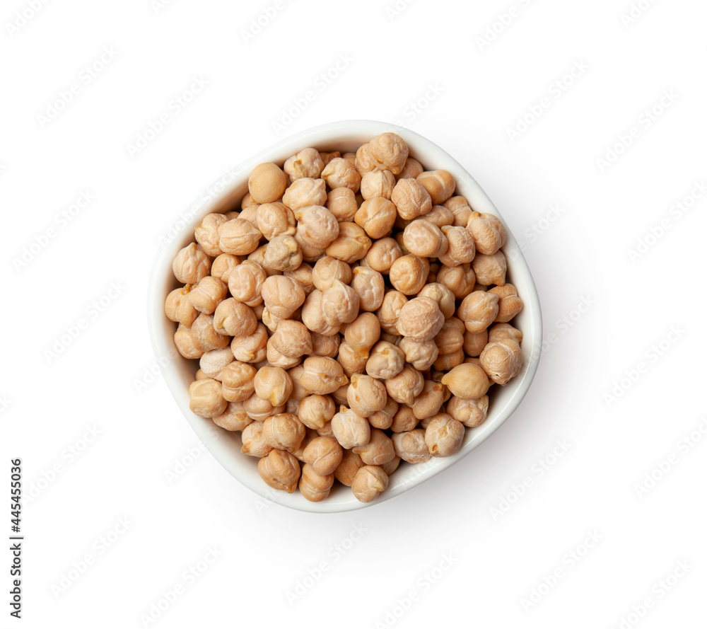 Raw chickpea beans in bowl isolated on white background. Top view of uncooked chickpeas. Healthy eating Raw chickpea beans in bowl isolated on white background. Top view of uncooked chickpeas. Healthy eating