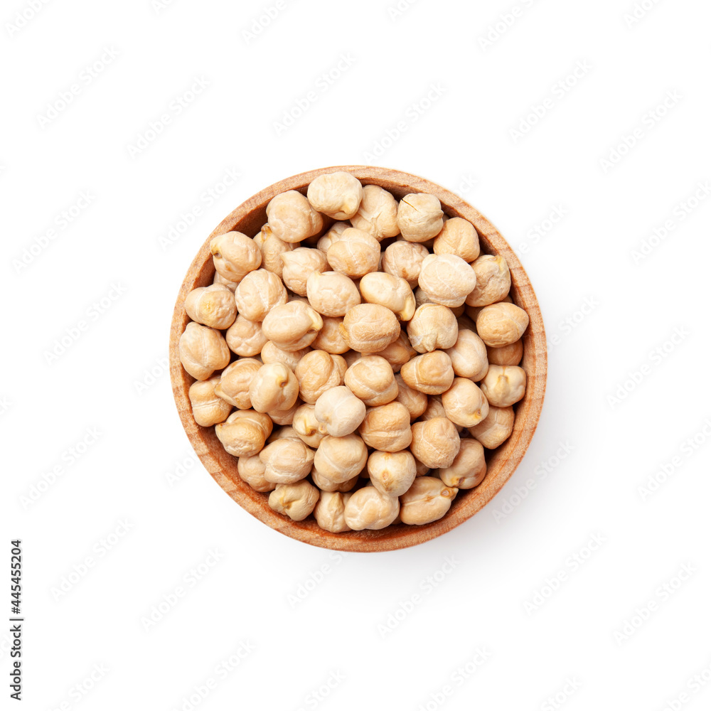 Raw chickpea beans in bowl isolated on white background. Top view of uncooked chickpeas. Healthy eating Raw chickpea beans in bowl isolated on white background. Top view of uncooked chickpeas. Healthy eating
