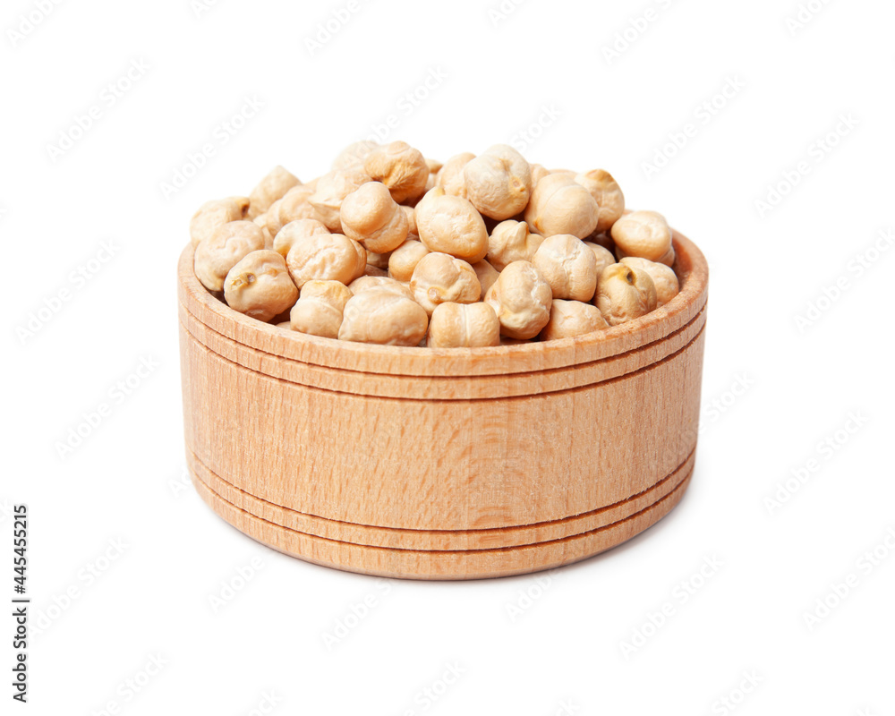 Raw chickpea beans in wooden bowl isolated on white background. Uncooked chickpeas. Healthy eating Raw chickpea beans in wooden bowl isolated on white background. Uncooked chickpeas. Healthy eating