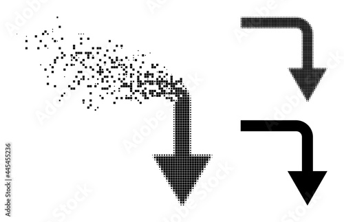 Dissolved dotted turn down pictogram with destruction effect, and halftone vector pictogram. Pixelated fragmentation effect for turn down gives speed and movement of cyberspace concepts.