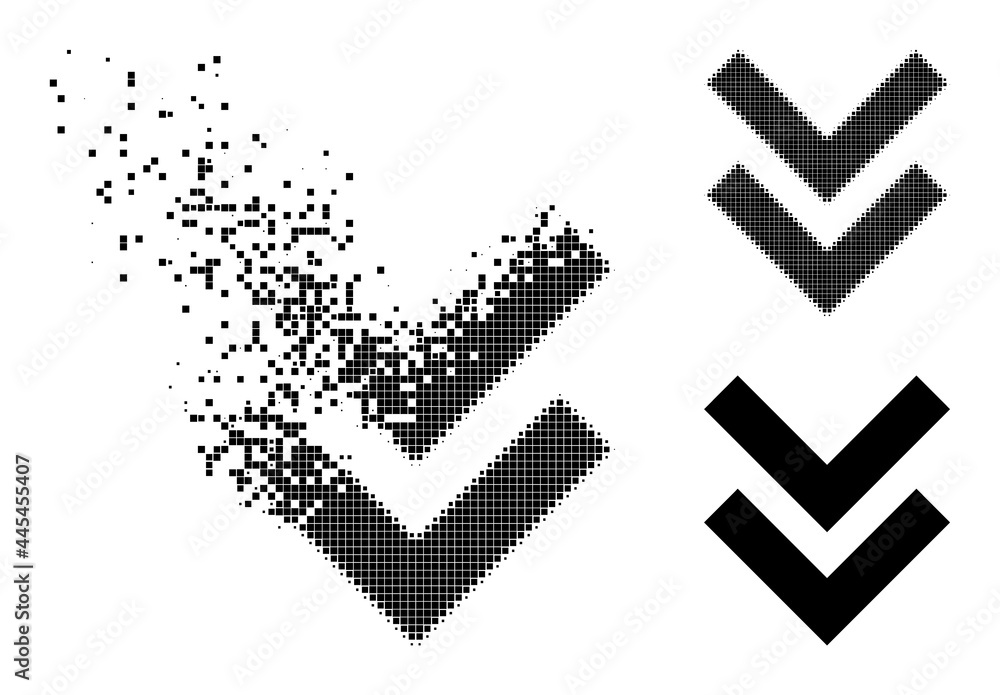 Destructed pixelated shift down pictogram with wind effect, and halftone vector pictogram. Pixelated erosion effect for shift down shows speed and movement of cyberspace things. Destructed pixelated shift down pictogram with wind effect, and halftone vector pictogram. Pixelated erosion effect for shift down shows speed and movement of cyberspace things.